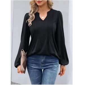 MIHOLL Amazon Brand Pleated Front V-Neck Long Sleeve
Black Top with Loose Sleeve
